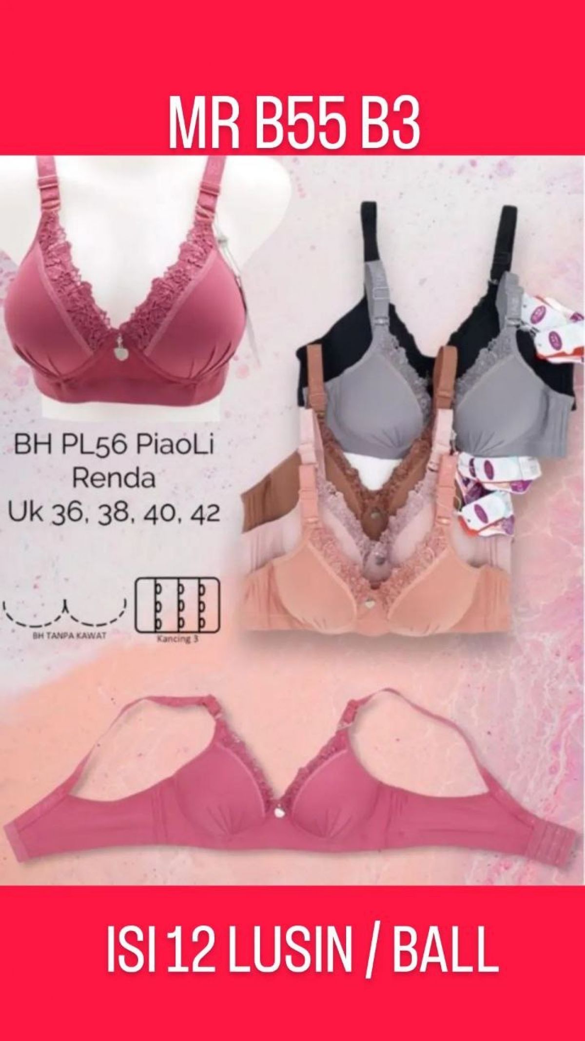 BH RENDA TANPA KAWAT K3 MR B55 B3 SIZE 36 - 42 ISI 12 LUSIN