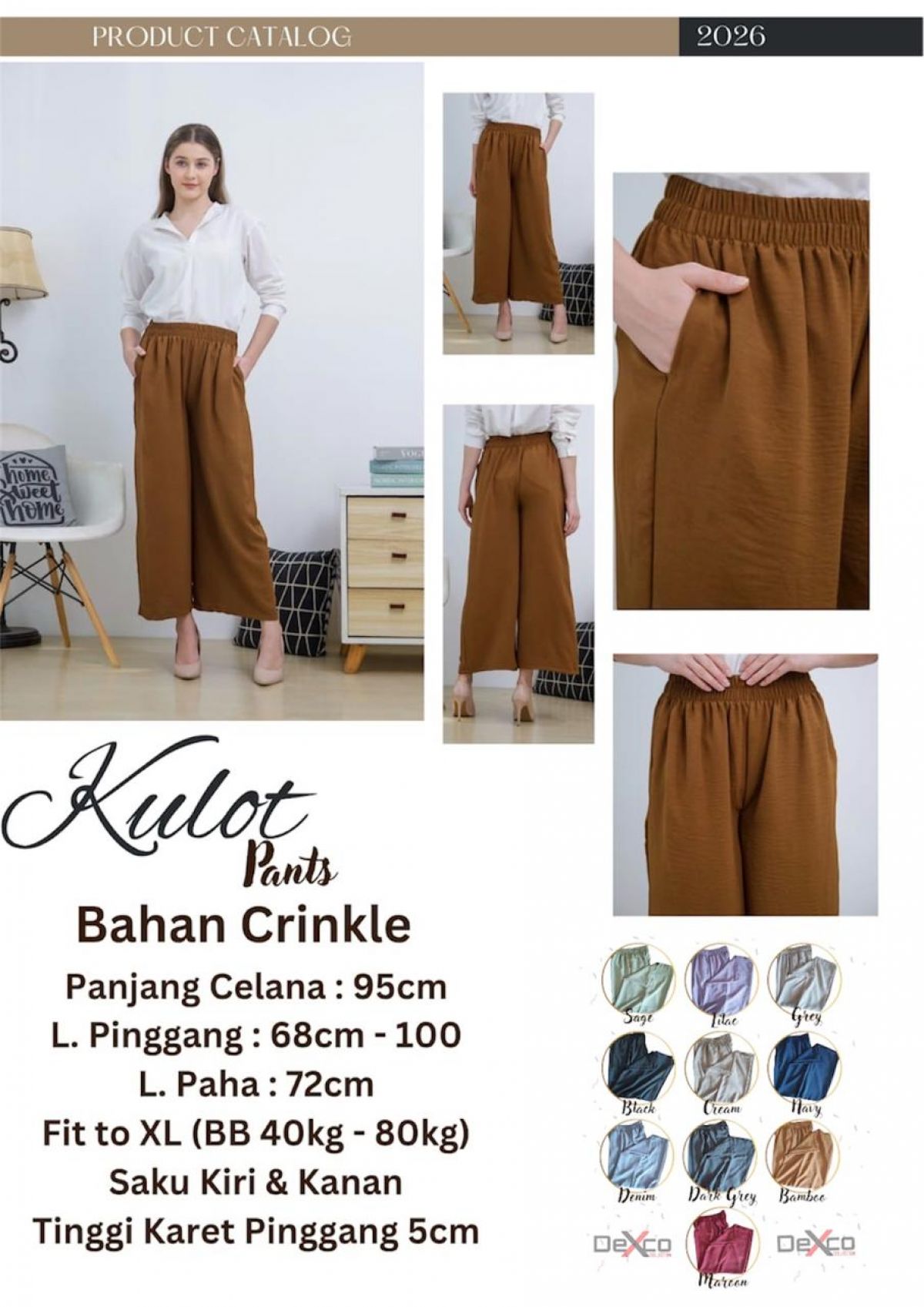 CELANA KULOT CR-KPC2 BAHAN CRINKLE SIZE FIT TO XL ISI 200 PCS SERI 10 WARNA