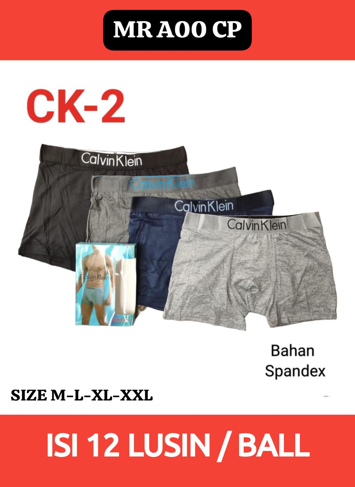 BOXER PRIA MR A00 CP SIZE M-L-XL-XXL BAHAN SPANDEX ISI 12 LUSIN