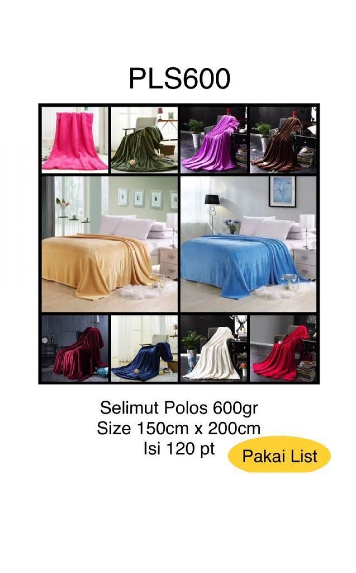 SELIMUT POLOS PLS600 SIZE 150CM * 200CM 600GR ISI 120 PCS