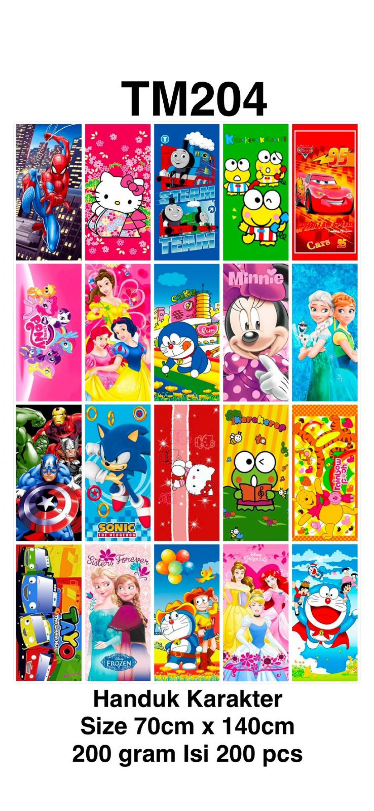 HANDUK KARAKTER TM204 SIZE 70CM*140CM GRAMASI 200 GR ISI 200 PCS
