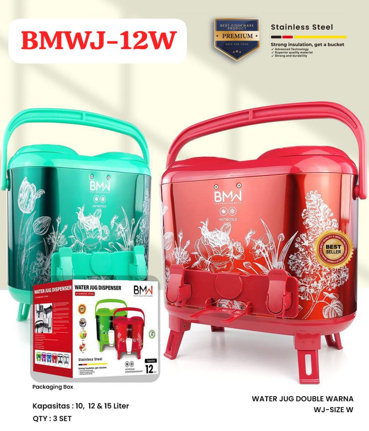 DOUBLE DISPENSER WATER JUG WARNA BMWJ-12W SIZE 12 LITER ISI 3 SET