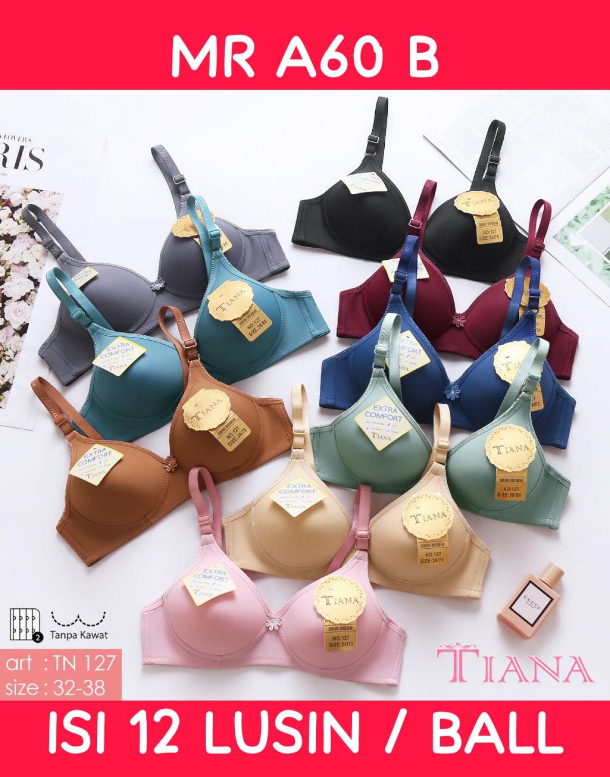 BH TANPA KAWAT MR A60 B SIZE 32 - 38 ISI 12 LUSIN