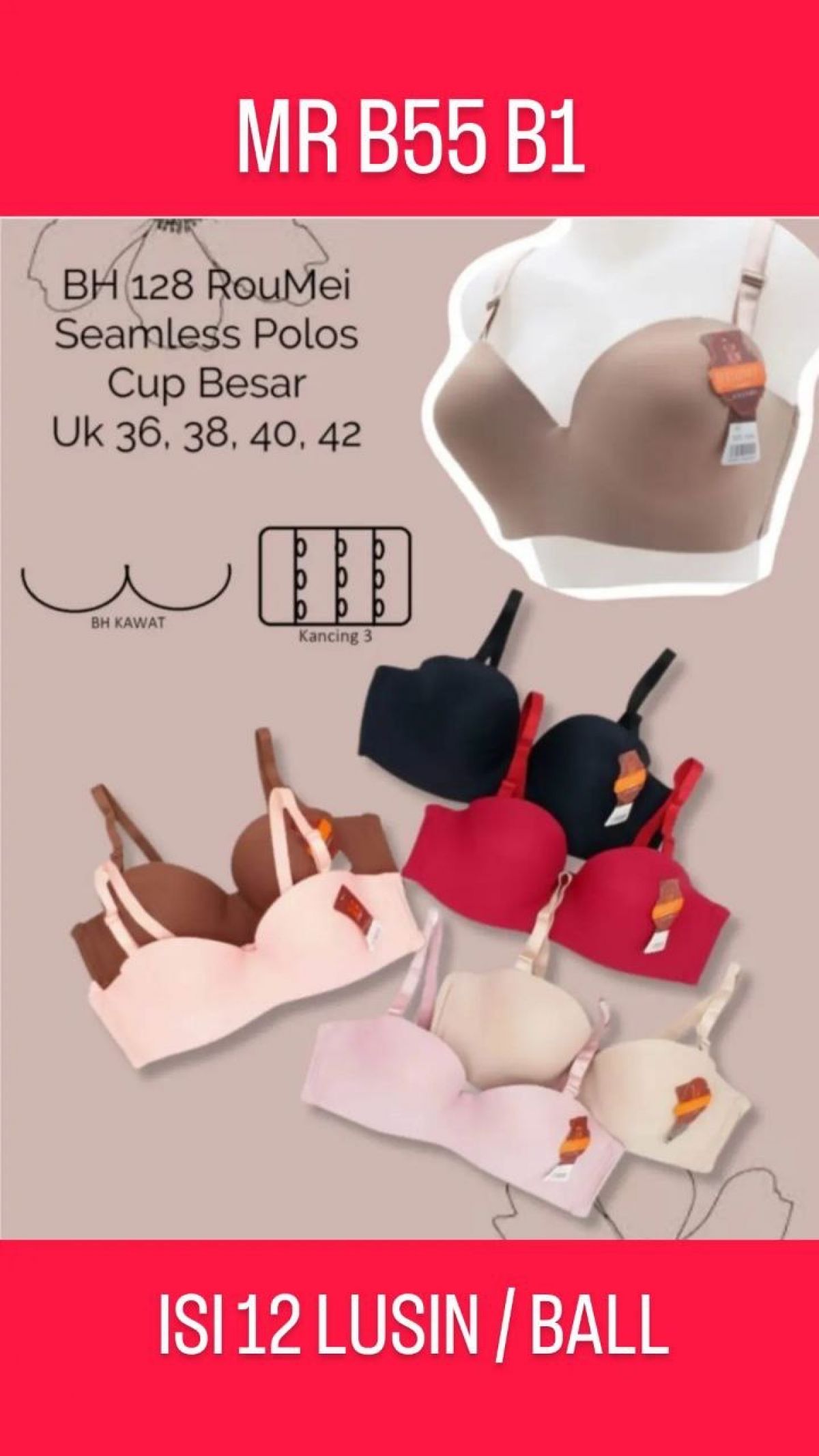 BH SEAMLESS POLOS CUP BESAR MR B55 B1 SIZE 36 - 42 ISI 12 LUSIN