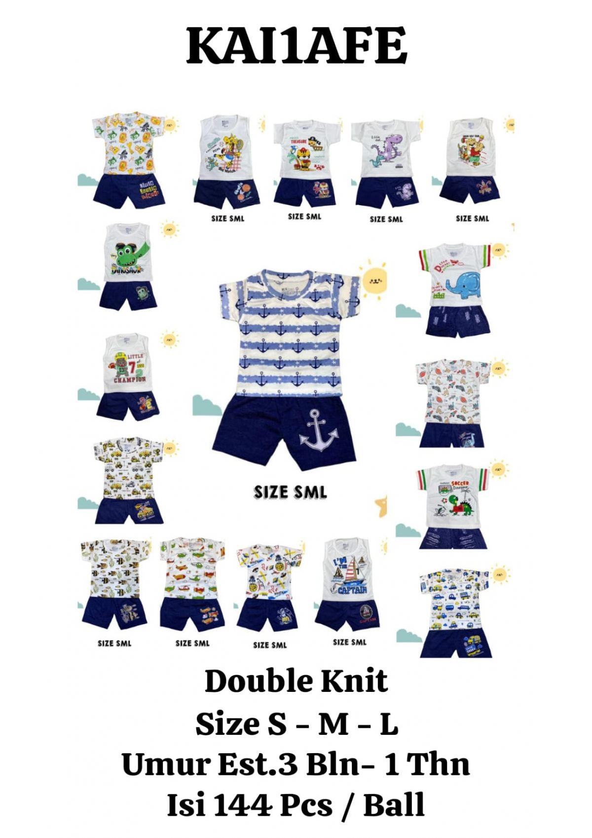 BAJU ANAK KAI1AFE BAHAN DOUBLE KNIT SIZE S-M-L ( 3 BLN - 1 THN ) ISI 144 PCS