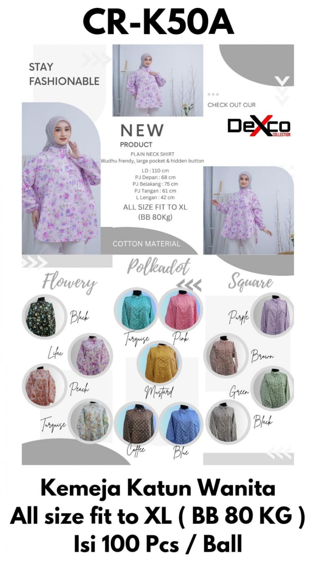 KEMEJA KATUN WANITA CR-K50A BAHAN KATUN SIZE FIT TO XL ISI 100 PCS
