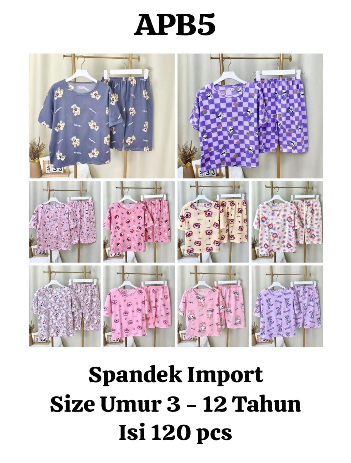 BAJU TIDUR SPANDEK IMPORT ANAK 3/4 APB5 SIZE UMUR 3 - 12 TAHUN ISI 120 PCS