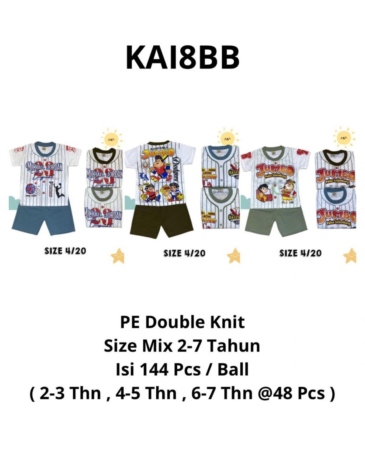 BAJU ANAK KAI8BB BAHAN PE DOUBLE KNIT SIZE MIX 2-7 TAHUN ISI 144 PCS