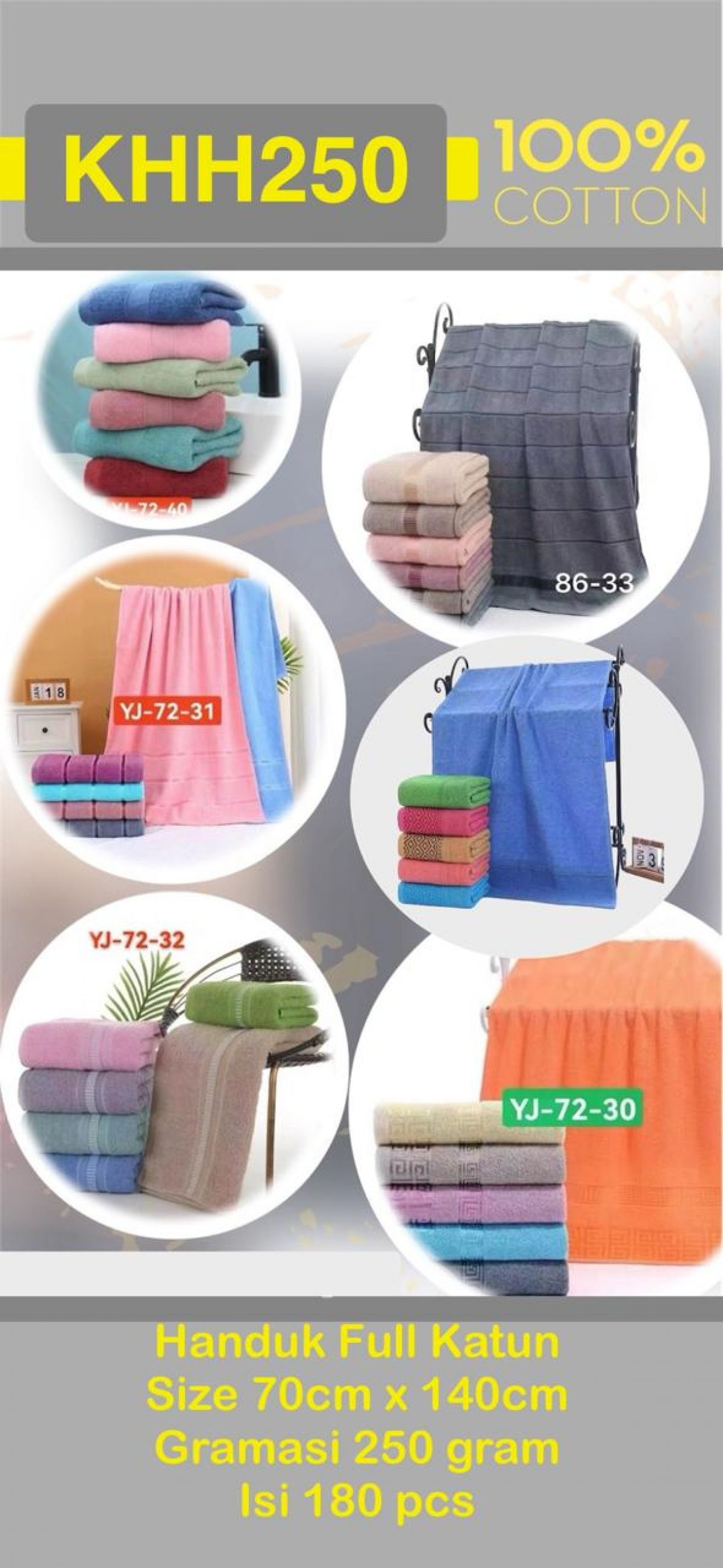 HANDUK FULL KATUN KHH251 SIZE 70CM*140CM GRAMASI 250GR ISI 180 PCS