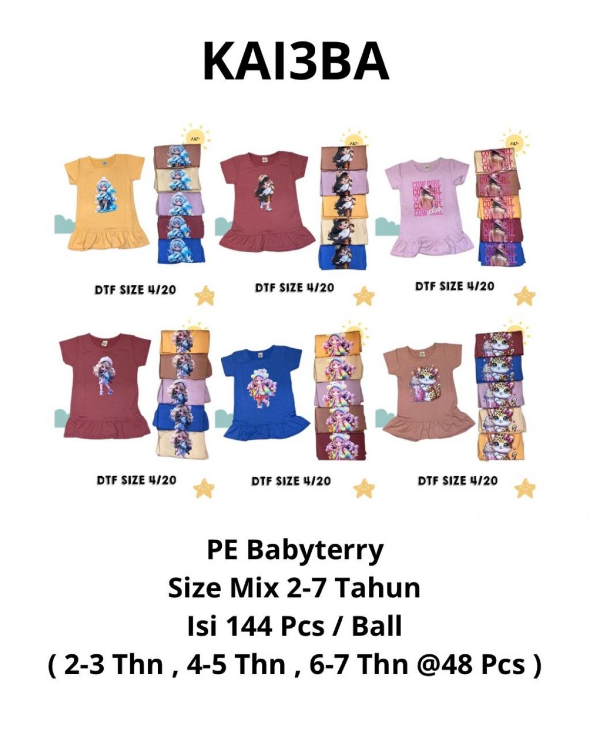 BAJU DRESS ANAK KAI3BA BAHAN PE BABYTERRY SIZE MIX 2-7 TAHUN ISI 144 PCS