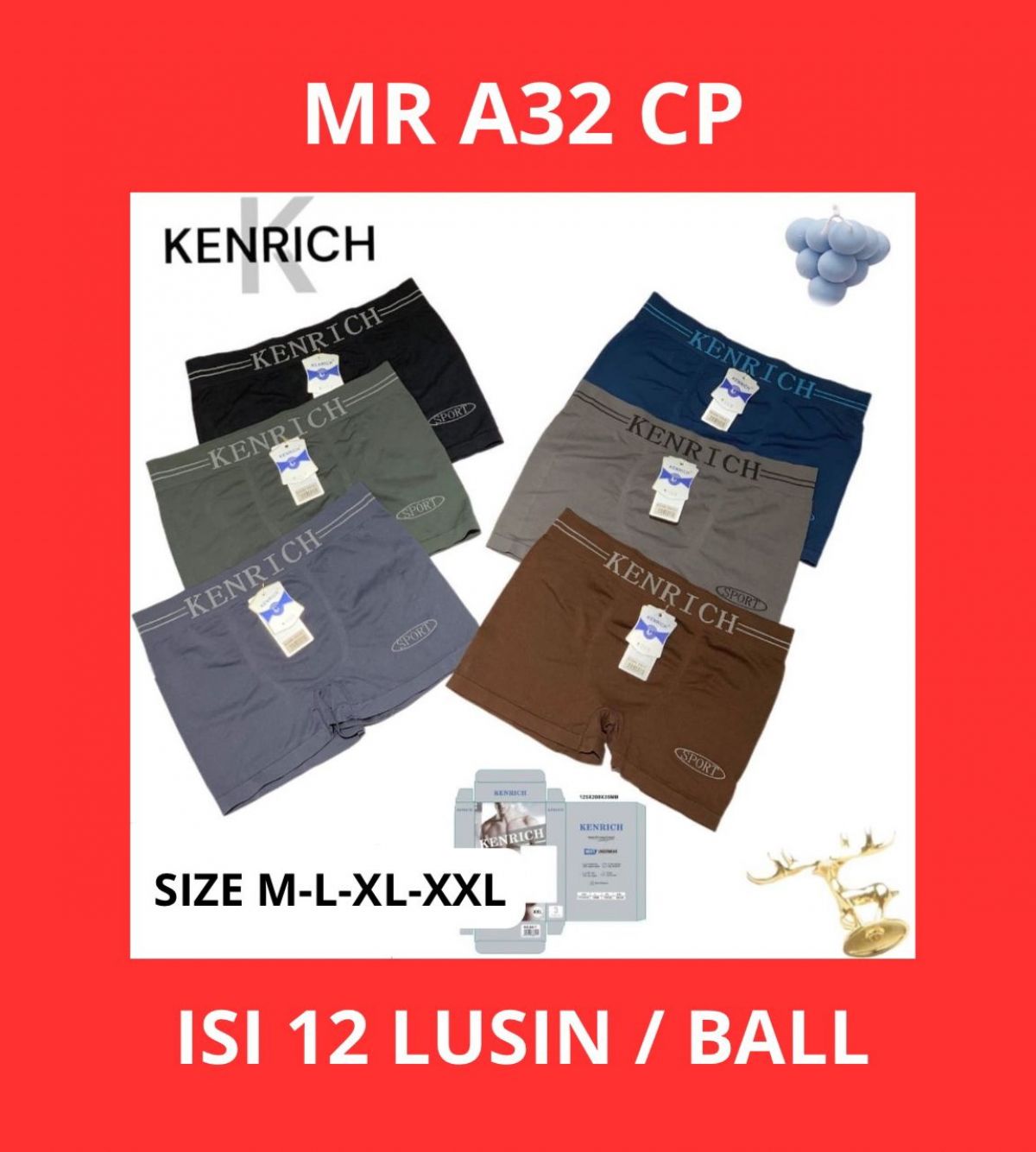 BOXER MR A32 CP BAHAN RAJUT SIZE M - L - XL - XXL ISI 12 LUSIN