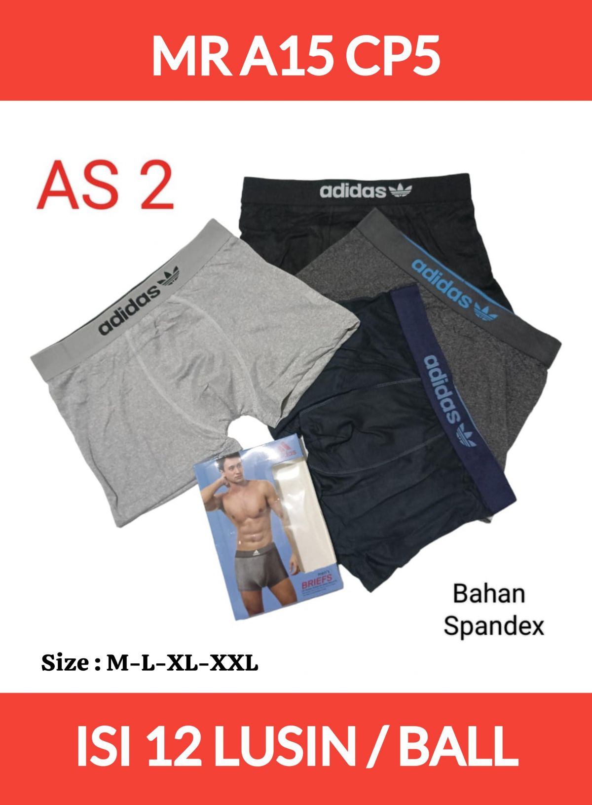 BOXER PRIA MR A15 CP5 BAHAN SPANDEK SIZE M-L-XL-XXL ISI 12 LUSIN
