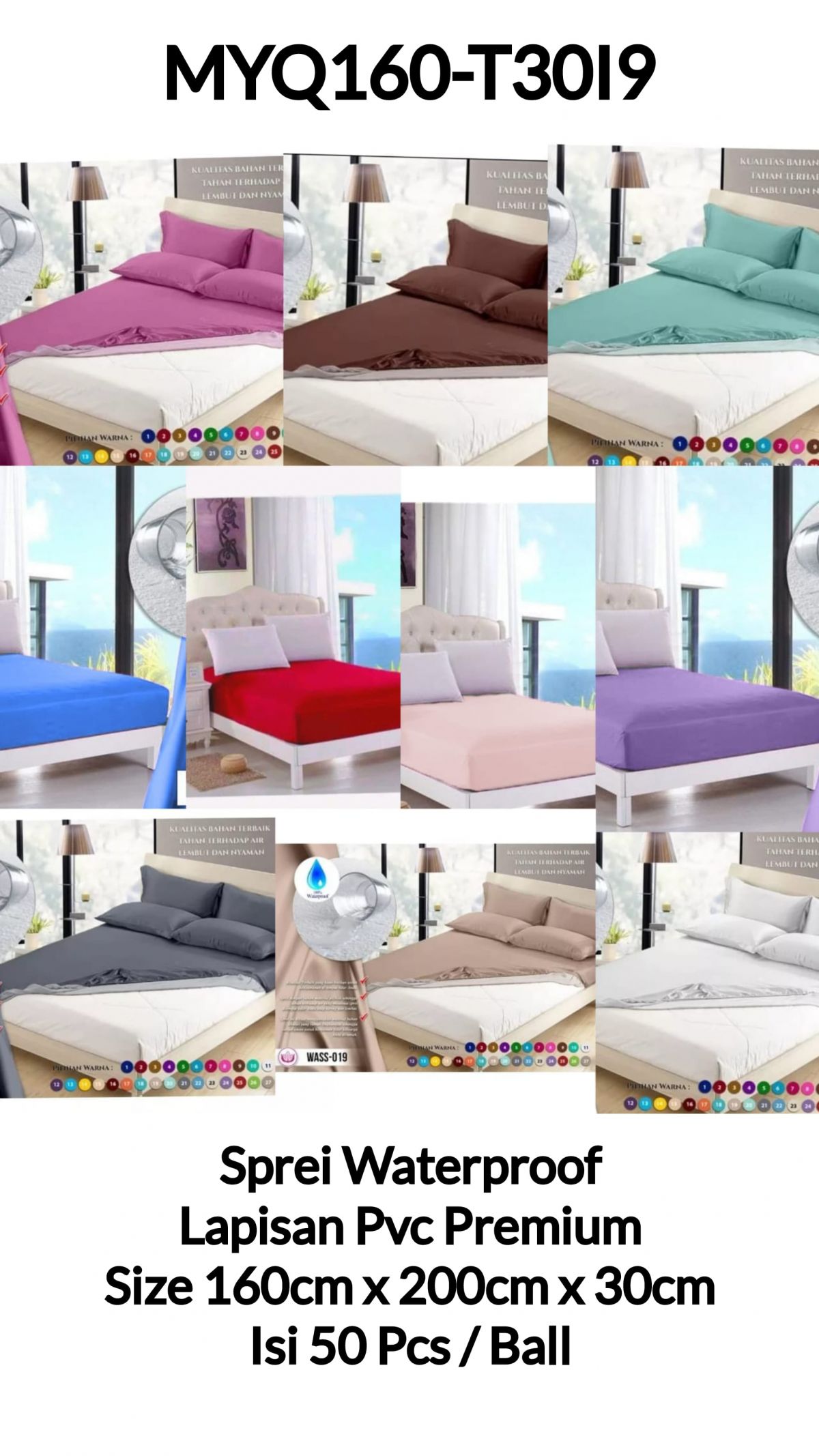 SPREI WATERPROOF MYQ160-T30I9 PVC PREMIUM SIZE 160CM * 200CM * 30CM ISI 50 PCS