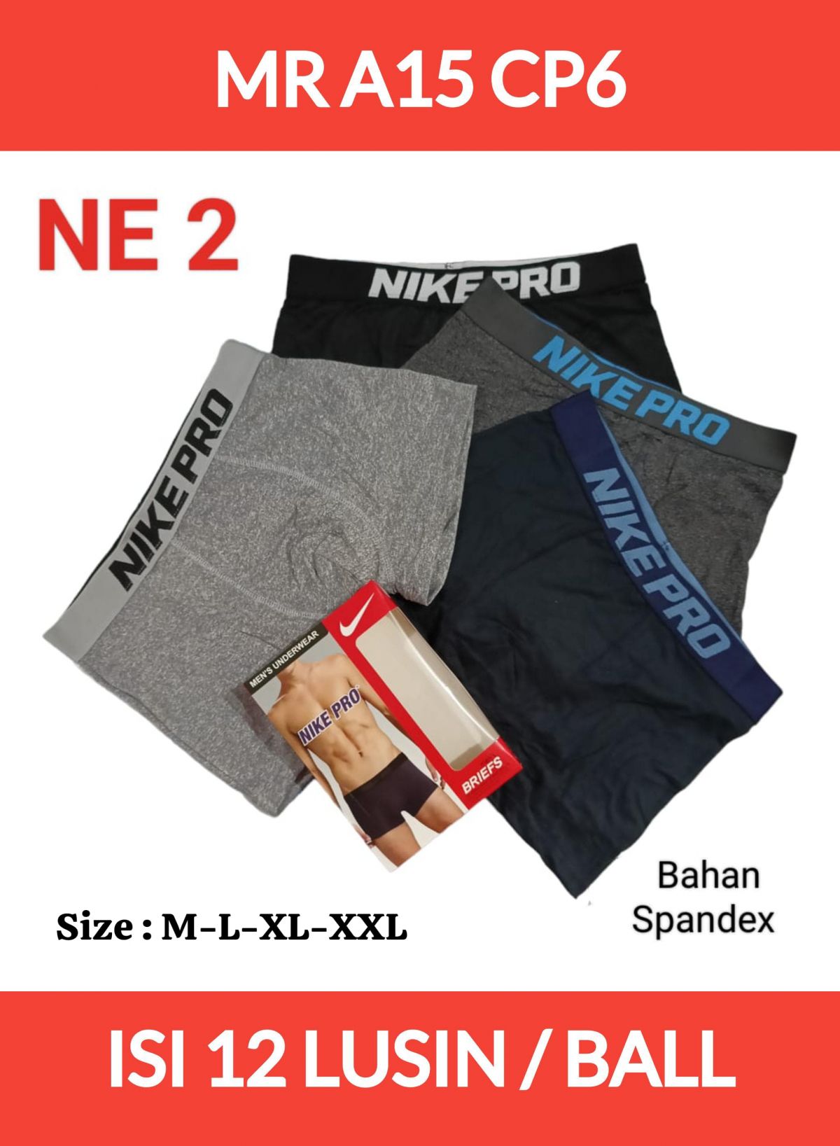 BOXER PRIA MR A15 CP6 BAHAN SPANDEK SIZE M-L-XL-XXL ISI 12 LUSIN